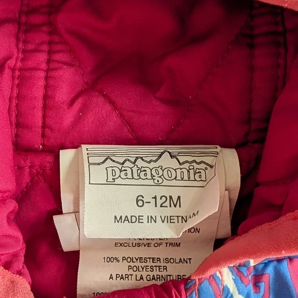 Patagonia Kid's Reversible Puff-Ball Bunting Blue/Pink Geometric Print 6-12M